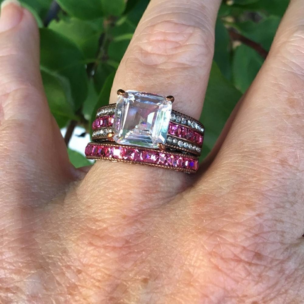 Pink & Clear CZ Stackable Ring Set – Coffee Stainless Steel, Size 8